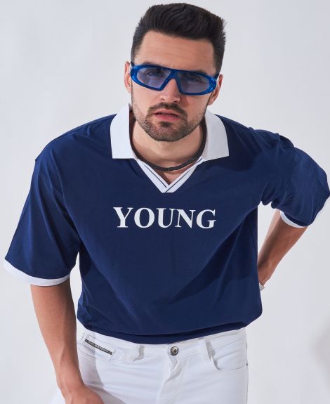 Maniac Mens Printed Polo Neck Half Sleeve Navy and White Cotton Oversized Fit T-Shirt