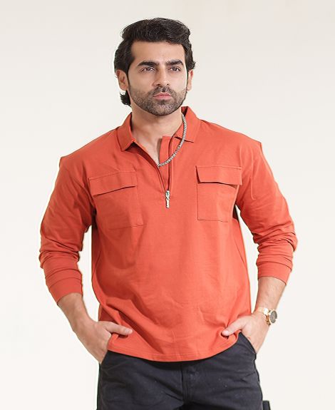 Maniac Mens Solid Oversized Polo Neck 2 Pocket Full Sleeve Rust Cotton T-Shirt