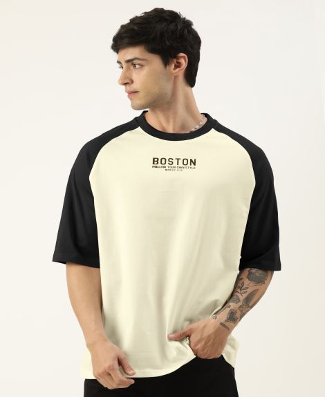 Maniac Mens Printed Round Neck raglan Half Sleeve Beige & Black Cotton Oversized Tshirt