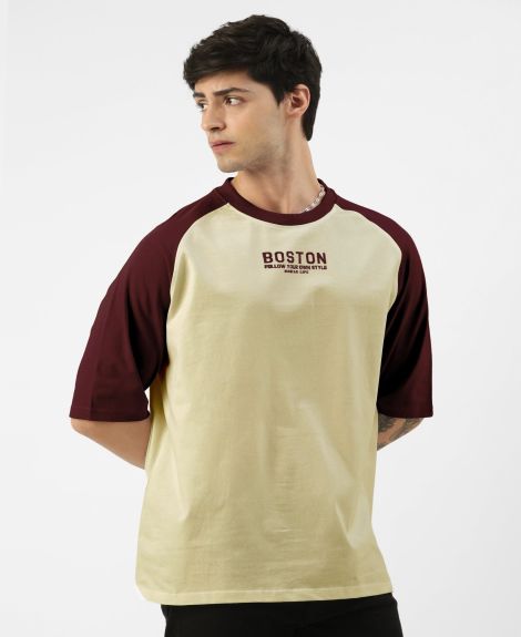 Maniac Mens Printed Round Neck raglan Half Sleeve Butterscotch and Burgundy Cotton Oversized Tshirt