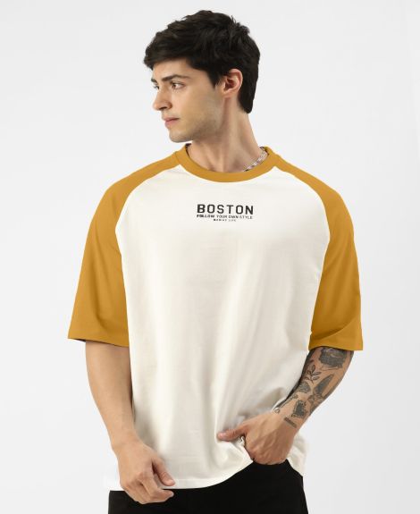 Maniac Mens Printed Round Neck raglan Half Sleeve White and Mustard Cotton Oversized Tshirt