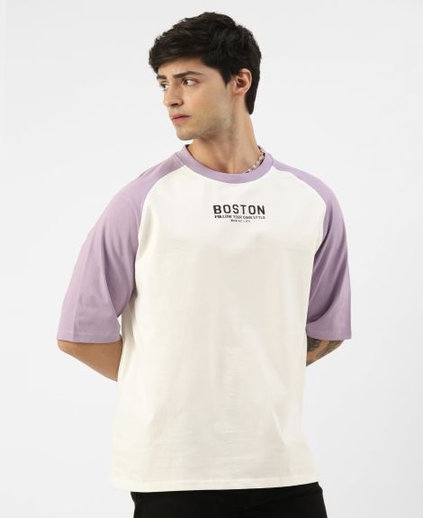 Maniac Mens Printed Round Neck Ragalan Half Sleeve White and Purple Cotton Oversized Tshirt