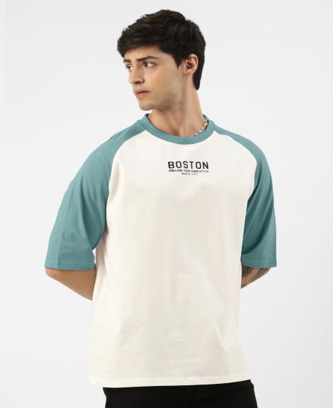 Maniac Mens Printed Round Neck raglan Half Sleeve White and Turkey Blue Cotton Oversized Tshirt