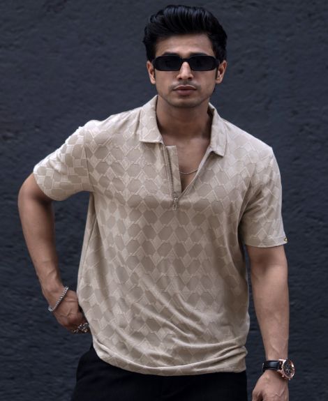 Maniac Mens Textured Polo Neck Half Sleeve Beige Half Zipper Cotton Lycra Blend T-Shirt
