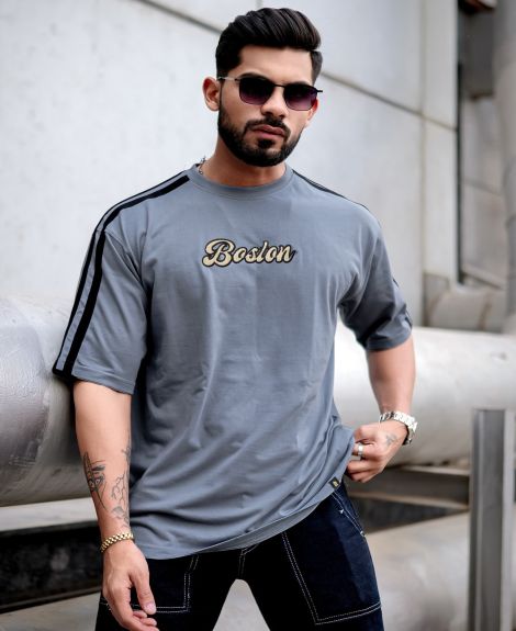 Maniac Mens Printed Round Neck 3/4th Sleeve Light Grey and Black Cotton Oversized T-Shirt