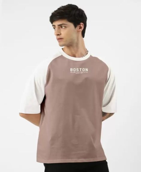 Maniac Mens Printed Round Neck raglan Half Sleeve Dusty Pink and White Cotton Oversized Tshirt