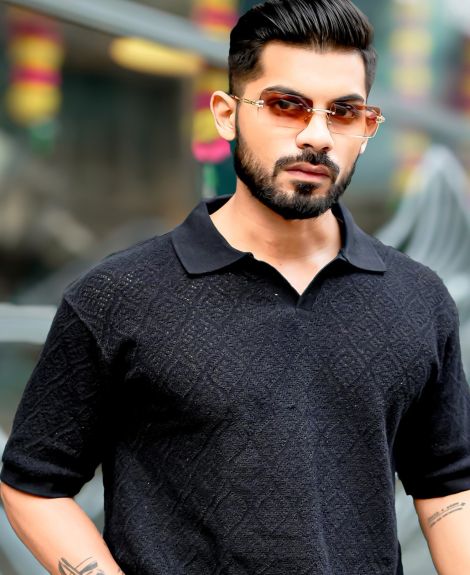 Maniac Mens Solid Textured Polo Neck 3/4th Sleeve Black Cotton Oversized Polo T-Shirt