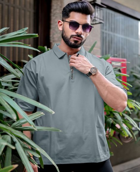 Maniac Mens Polo Neck 3/4th Sleeve Light Grey Cotton Oversized T-Shirt
