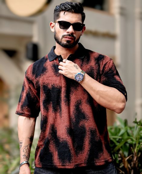 Maniac Mens Spray Art Polo Neck 3/4th Sleeve Maroon Cotton T-Shirt