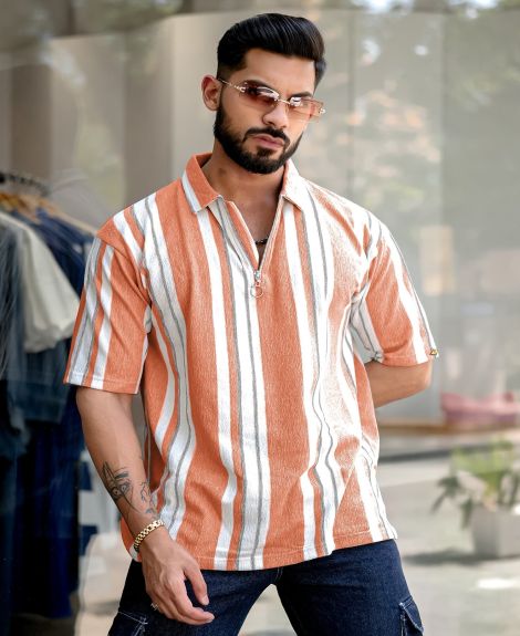 Maniac Mens Striped Polo Neck 3/4th Sleeve Rust Half Zipper Cotton T-Shirt