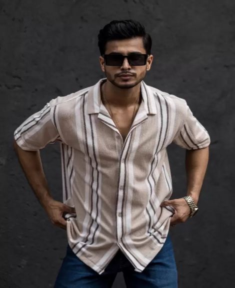 Maniac Mens Striped Collar Neck Half Sleeve Beige Cotton Oversized Shirt