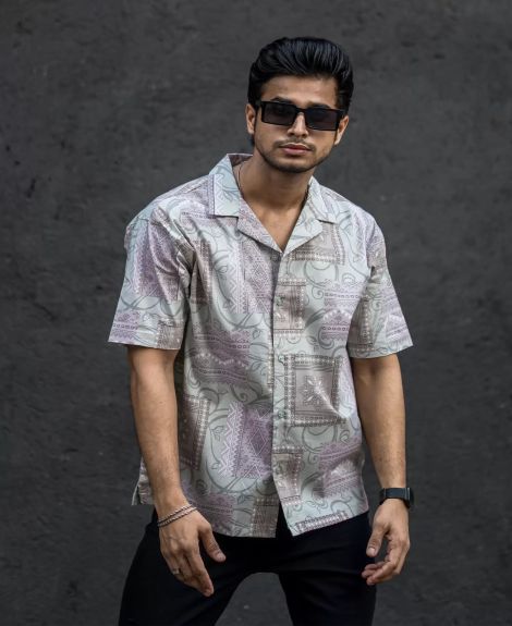 Maniac Mens All Over Printed Collar Neck Half Sleeve Hunter Green Cotton Oversized Shirt