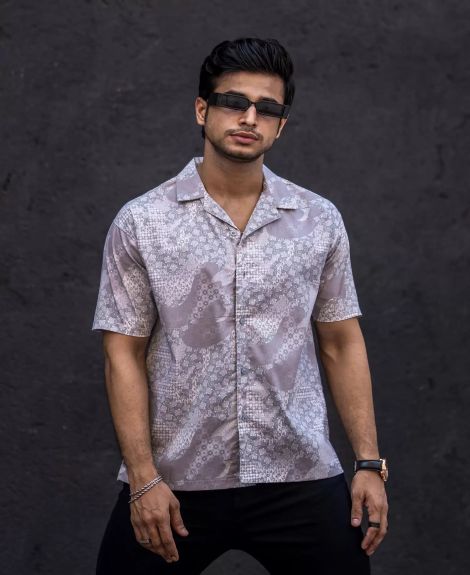 Maniac Mens All Over Printed Collar Neck Half Sleeve Light Grey Cotton Oversized Shirt