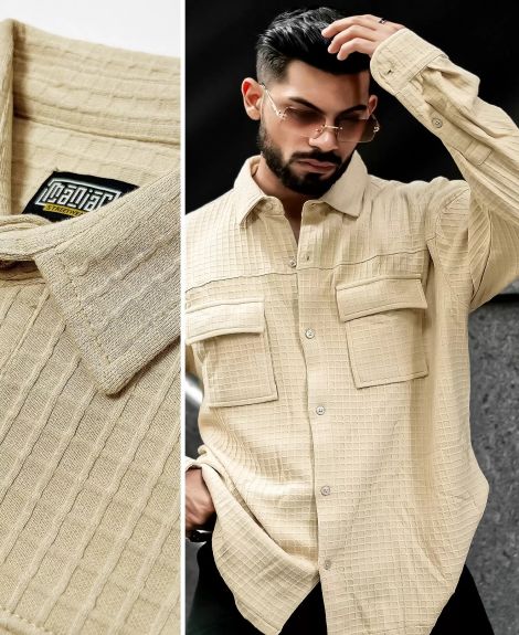 Maniac Mens Solid Textured Full Sleeve Beige Cotton Blend Jacquard Fabric Shirt