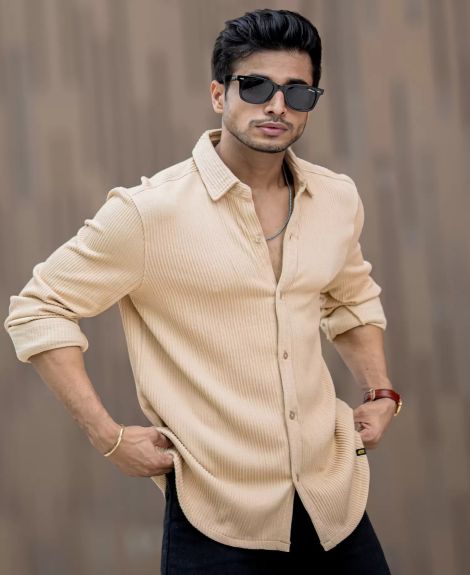 Maniac Mens Solid Vertical Stripe Textured Full Sleeve Beige PolyCotton Shirt