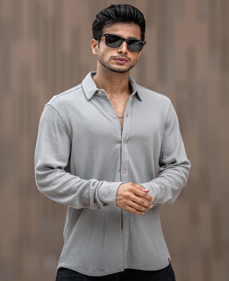 Maniac Mens Solid Vertical Stripe Textured Full Sleeve Light Grey PolyCotton Shirt