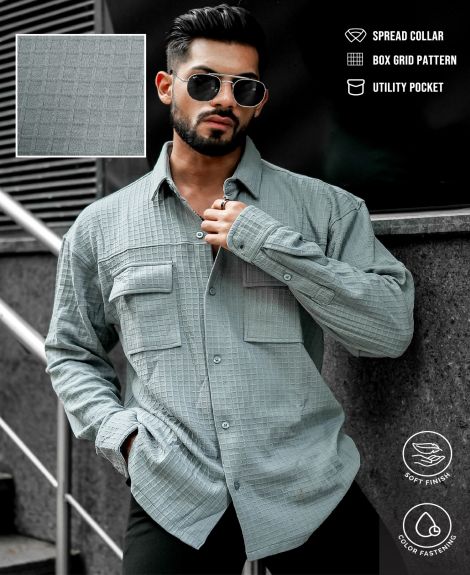 Maniac Mens Solid Textured Half Sleeve Light Grey Cotton Blend Jacquard Fabric Shirt