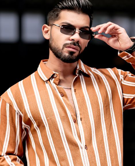 Maniac Mens Vertical Stripes Full Sleeve Terry Fabric Rust Slim Fit Shirt