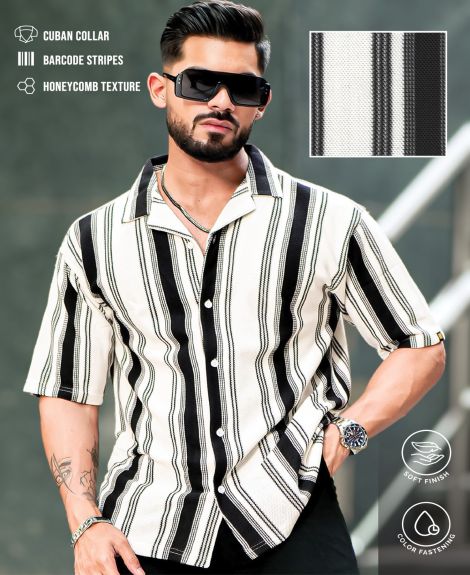 Maniac Mens Barcode Stripes Half Sleeve Black and White HoneyComb Fabric Shirt