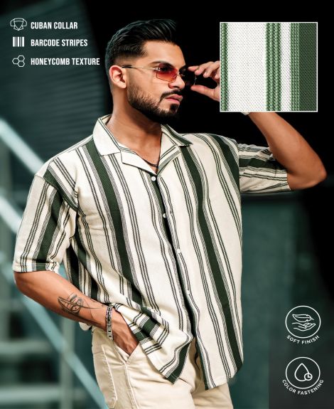 Maniac Mens Barcode Stripes Half Sleeve Bottle Green HoneyComb Fabric Shirt