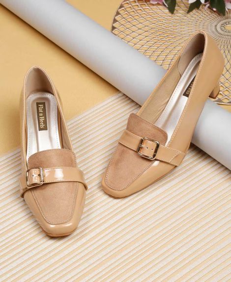 FLAT N HEELS, Square-Toe Pumps with Buckle Accent