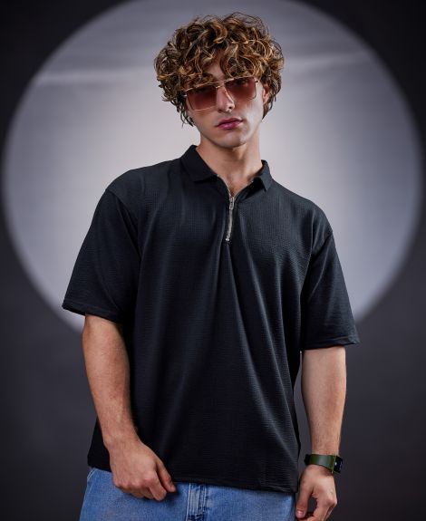 Maniac Mens Textured Polo Neck Half Sleeve Black SeerSucker Fabric T-Shirt