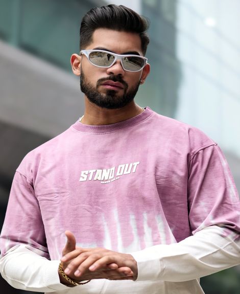Maniac Mens Stand Out Ombre Wash Round Neck Full Sleeve Pink Cotton T-Shirt