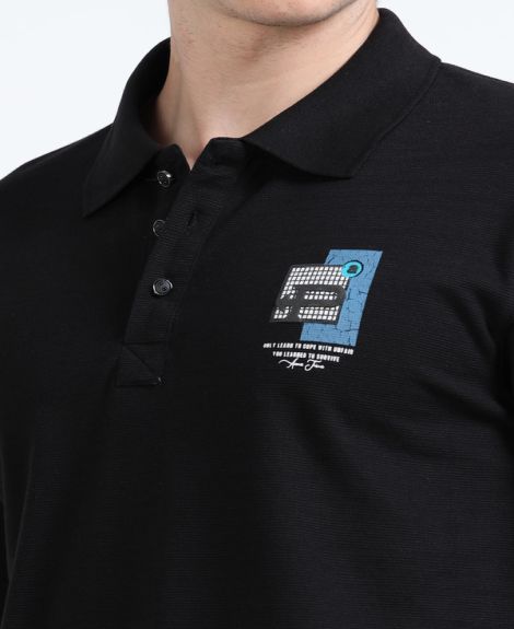 Stylesmyth Printed Chenille Knit Polo Half-Sleeve T-Shirt Black