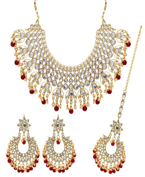 Maroon Color Imitation Pearl Kundan Necklace With Earrings & Maang Tikka For Women