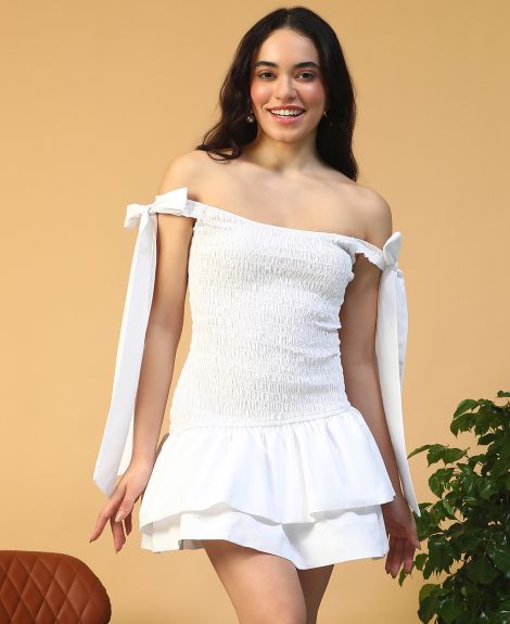 Women Solid White Off Shoulder Cotton Poplin Skater Dress with Smocked Bodice Tie-Up Detail And Above Knee Length