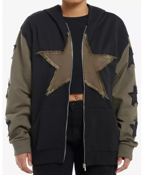 Black & Olive Green Frayed Stars Girls Hoodie
