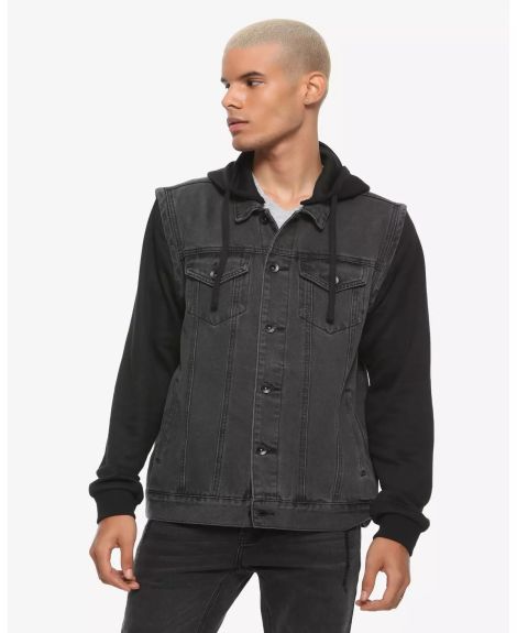 Black Grey Removable Hooded Denim Vest