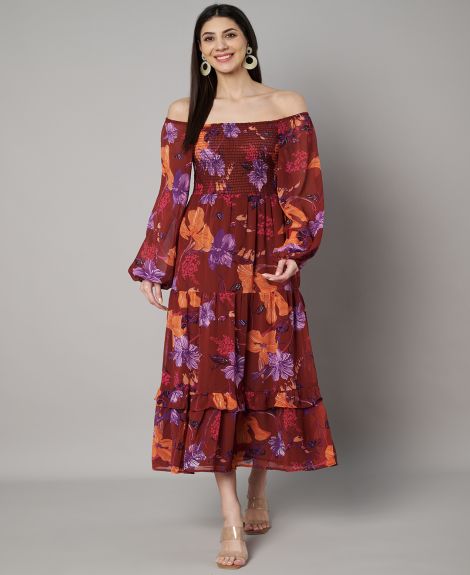 Floral Print Off-Shoulder Bishop Sleeve Georgette A-Line Maxi Dress