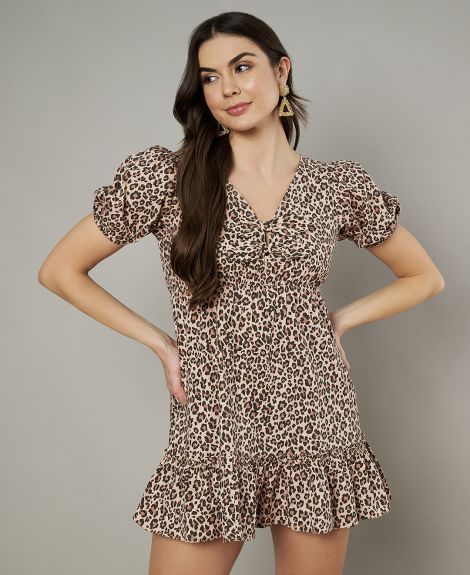 Women Animal Print Puff Sleeve A-Line Mini Dress