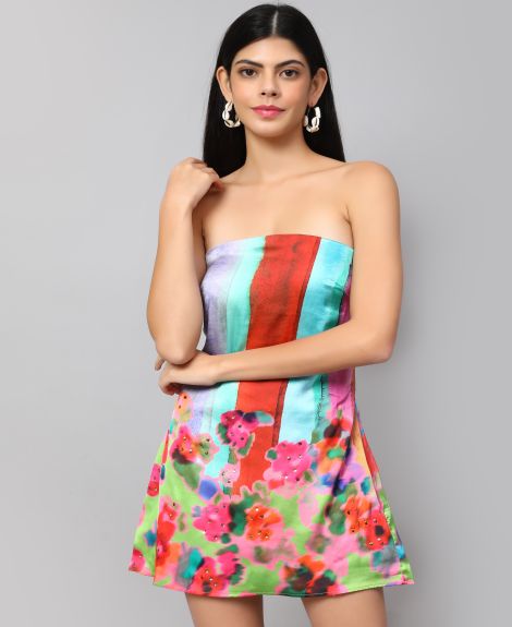 Multi Floral Printed Satin Off-Shoulder Tube Dress