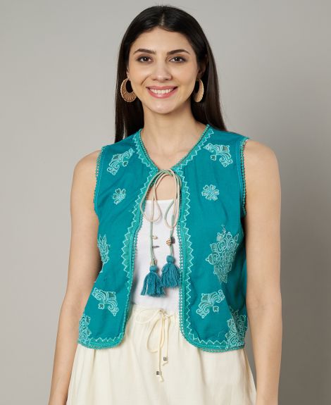Women Teal blue embroidered shrug with neck tie-up details