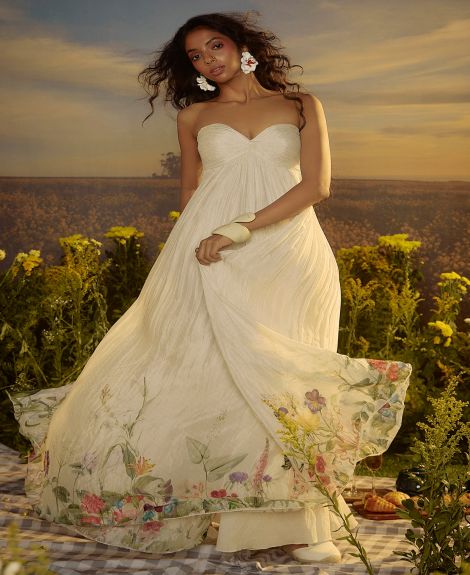 Nirmooha White Chiffon Floral Printed Ruched Gown