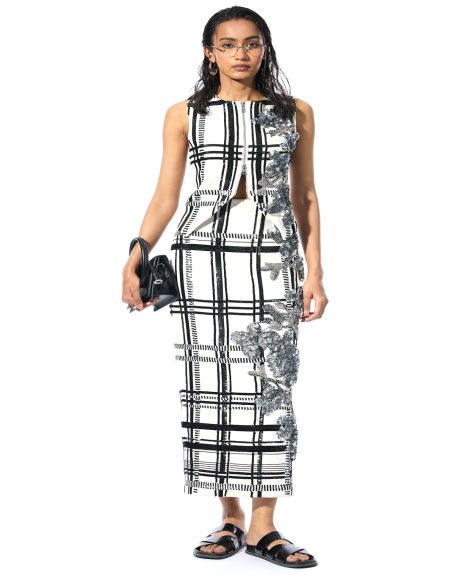 Kanika Goyal White & Black Polyester Embellished Midi Skirt 