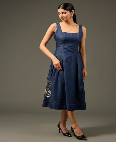 Nakateki Blue Denim Cotton Floral Handwork Pleated Dress