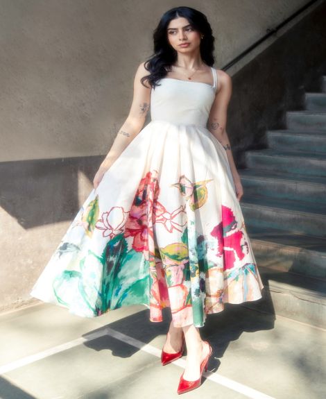 Saaksha & Kinni Ivory Poplin Floral Abstract Printed Midi Dress