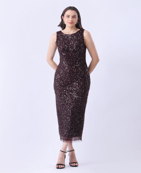 Gleam Luxe Brown Sequin Midi Dress