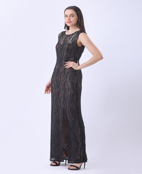 Black Nude Beaded Evening Gown