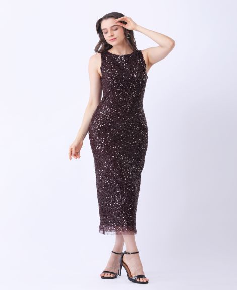 Gleam Luxe Brown Sequin Midi Dress