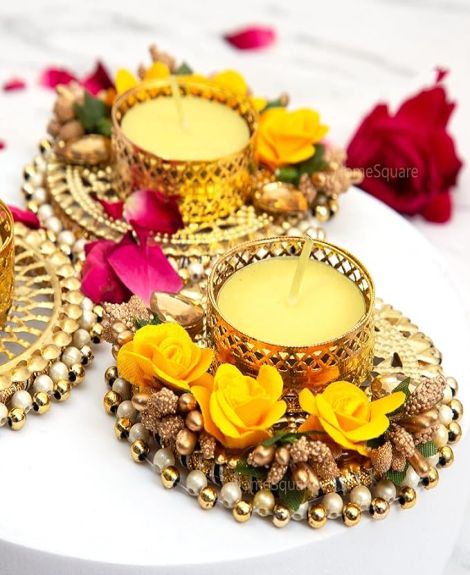 HomeSquare Tealight Holder Diwali Diya with Artificial Flowers & Tea Lights - Set of 2 Tealight Candle Holders