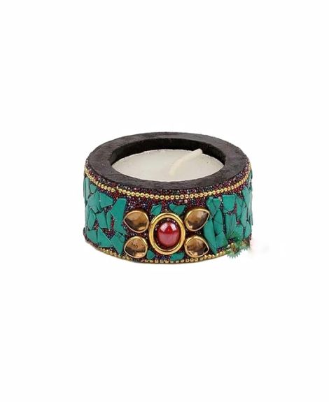 SEVLIYA TRADERS Wooden Stone Work Candle for Home Décor Set of 6 Handcrafted Diwali Diya Decorative Showpieces Reusable Tealight Candle Holder for Living Room Dining Area Gifts Item (Green)
