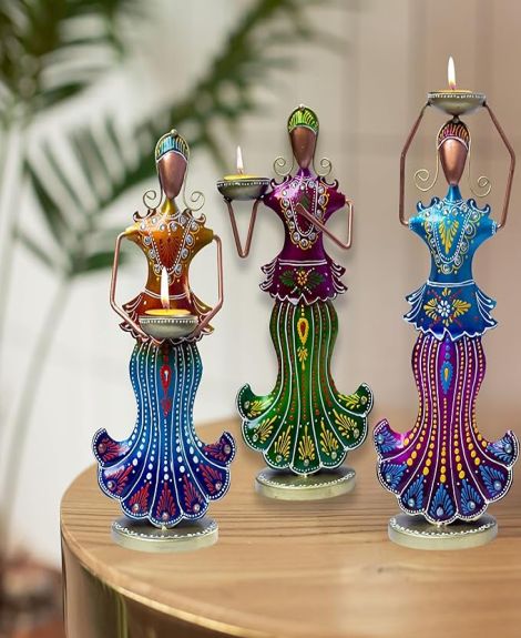 Kraftskala Metal Tealight Candle Holder Dolls Set - Multicolor Home Decor Showpiece Figurines, Tabletop Candle Stand for Living Room, Diwali Gifts, Anniversary Presents (3 Dolls)