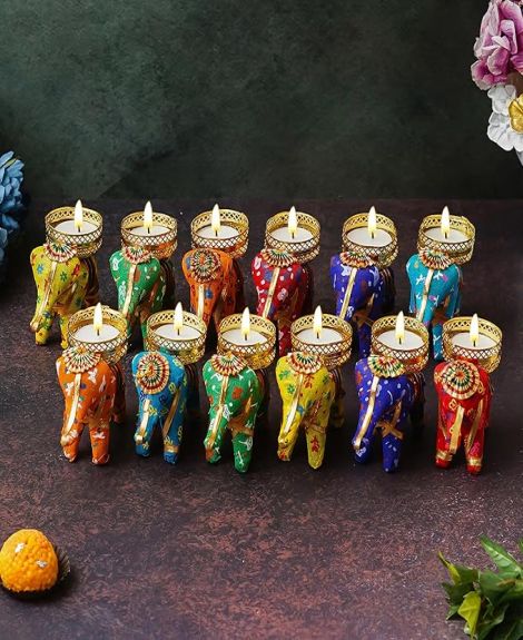 Dreamica Set of 12 Elephant Tealight Candle Holders with White Tealight Candles – Traditional Decorative Tea Light Holder Set for Diwali, Puja, Festive Home Decoration & Gifting