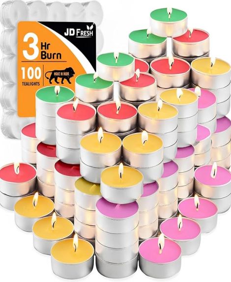 JD Fresh 100 Pieces Tealight Candles for Diwali/Smokeless & Dripless Candle/3-Hour Long Burning Time Each/Paraffin Wax Unscented Tealight Candles for Home/Wedding/Home Decor/Emergencies (Multicolor)