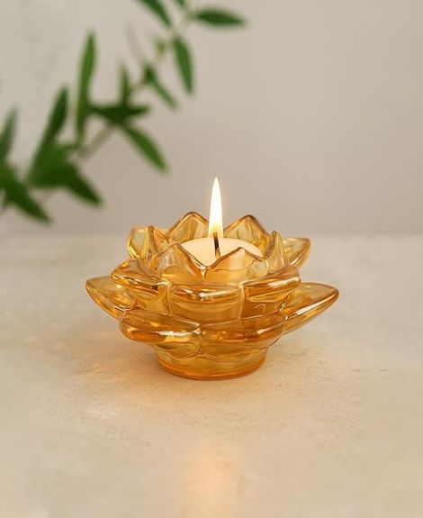 NFI essentials Exquisite Lotus Flower Shaped Tea Light Candle or Diya Holder Decorative Centerpiece for Home Decor and Festival Like Diwali, Christmas or Eid (Gold)