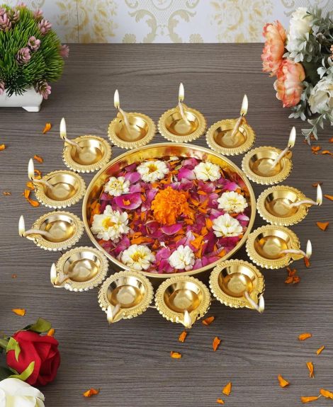 Samy Collectibles Handcrafted Golden Iron Diya Urli 12 Inches Big Size Ram Mandir Decoration Essential - Flower-Shaped Decorative Bowl for Floating Flowers and Tea Light Candles